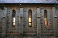 Clairvaux west facade stain glass windows in morning light (15)